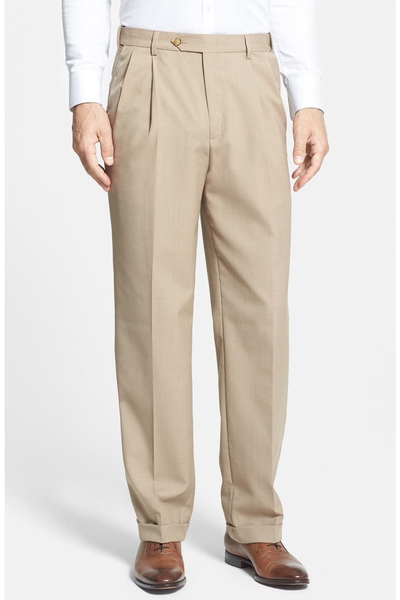 Self Sizer Waist Plain Weave Pleated Washable Trousers, Main, color, TAN