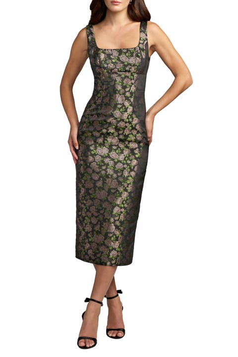 Sleeveless Floral Brocade Midi Dress
