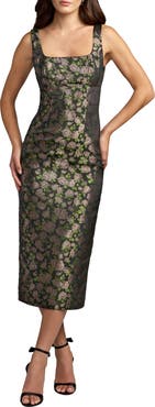 Mac Duggal Sleeveless Floral Brocade Midi Dress