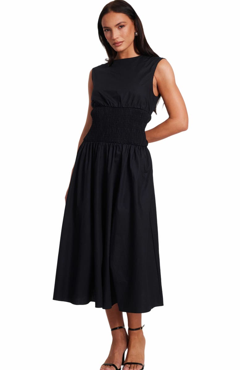 QUIZ Poplin Sheered Waist Maxi Dress, Alternate, color, Black