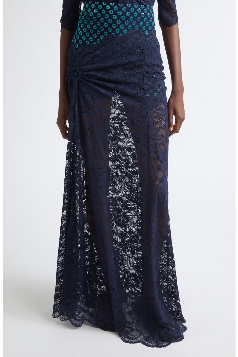 Embroidered Ruched Stretch Lace Skirt, Main, color, DEEP NAVY