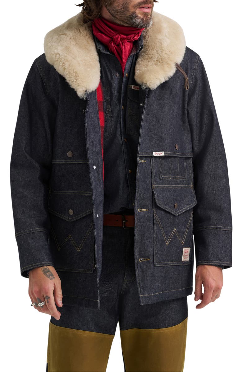Wrangler Filson X Wrangler Genuine Shearling Collar Packer Jacket, Main, color, Indigo