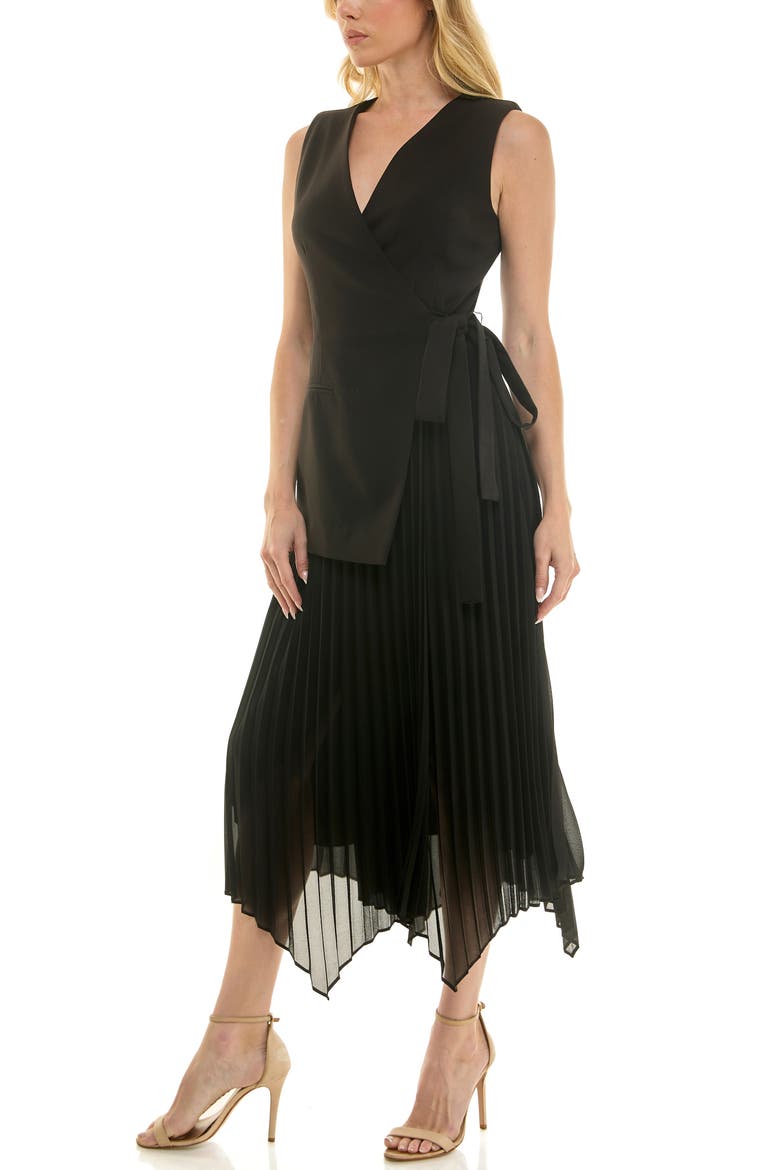 Mixed Media Pleated Dress, Alternate, color, BLACK