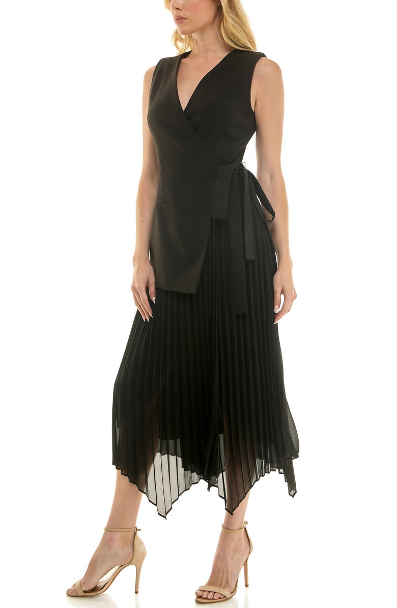 Socialite Mixed Media Pleated Dress, Alternate, color, Black