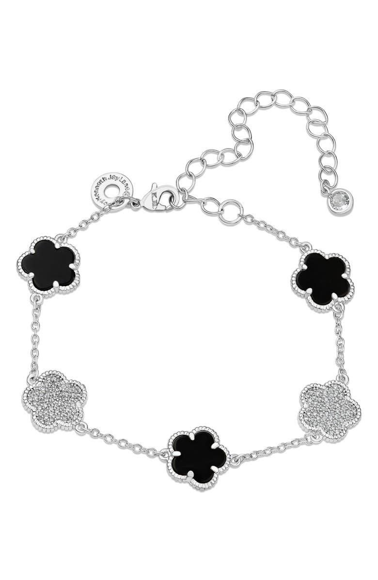 CZ by Kenneth Jay Lane Pavé Cubic Zirconia & Onyx Clover Charm Bracelet, Main, color, Black/ Silver