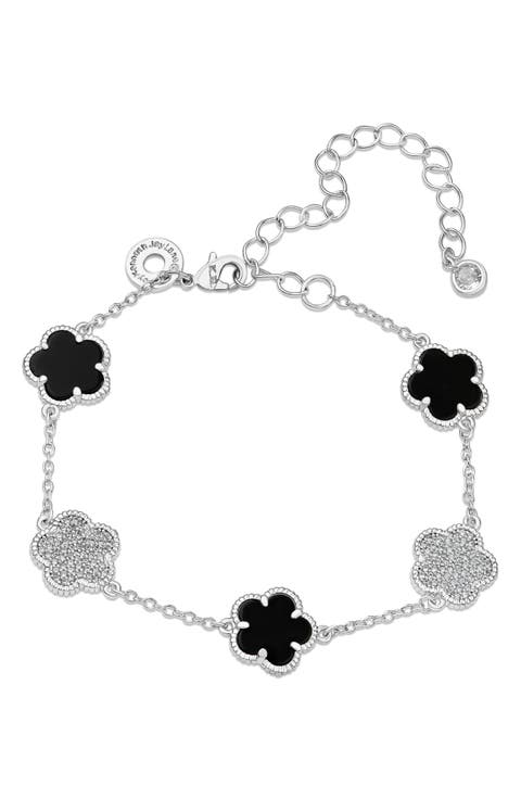 Pavé Cubic Zirconia & Onyx Clover Charm Bracelet