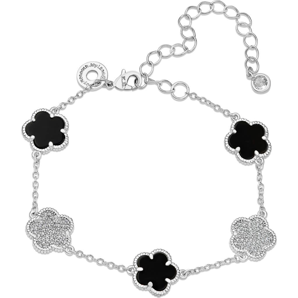 Cz By Kenneth Jay Lane Pavé Cubic Zirconia & Onyx Clover Charm Bracelet In Multi
