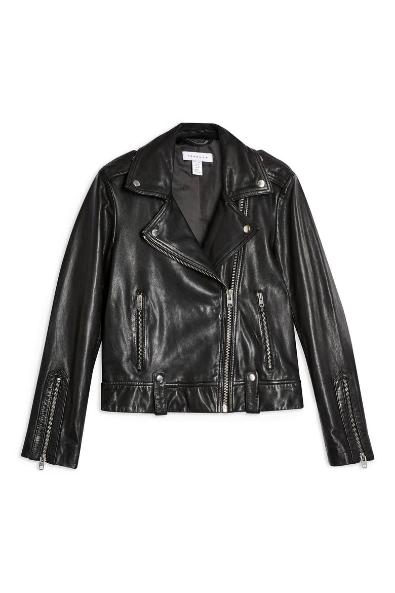 Mona Leather Biker Jacket, Alternate, color, BLACK
