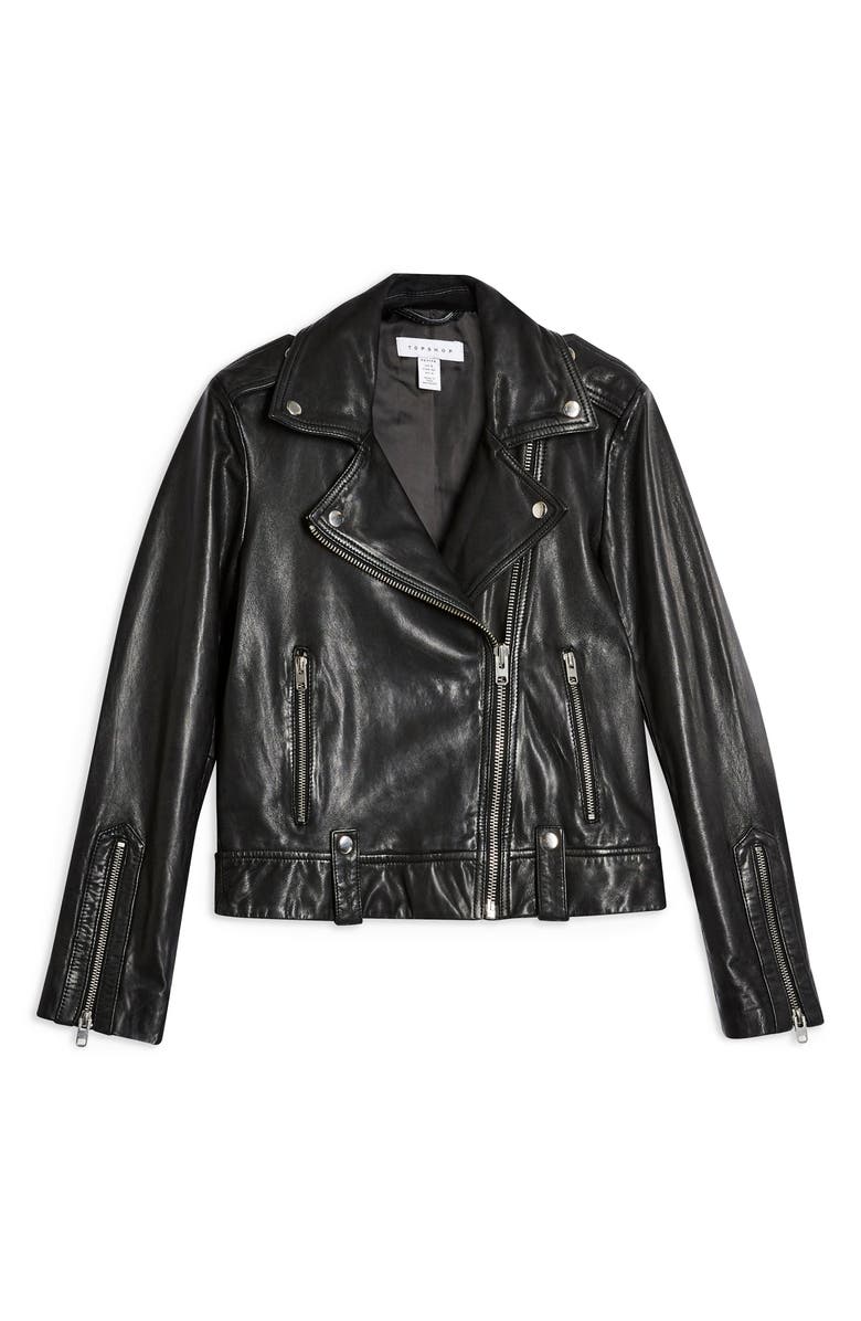 Topshop Mona Leather Biker Jacket, Alternate, color,