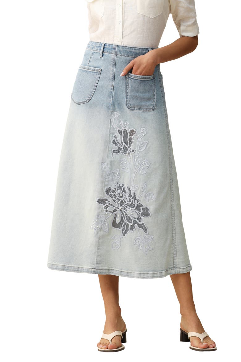 Caius Faux Pearl & Embroidery Detail Ombré Denim Skirt, Main, color, LIGHT BLUE