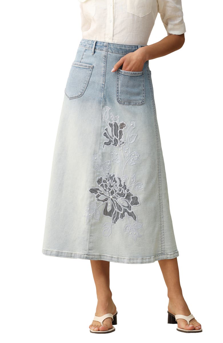 Bayeas Caius Faux Pearl & Embroidery Detail Ombré Denim Skirt, Main, color, Light Blue