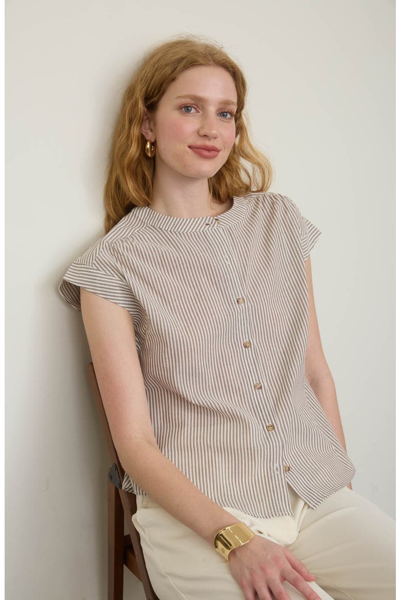 Stripe Cap Sleeve Button-Up Top, Alternate, color, BROWN