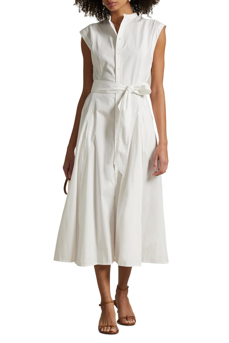 Sleeveless Belted Shirtdress, Main, color, WHITE