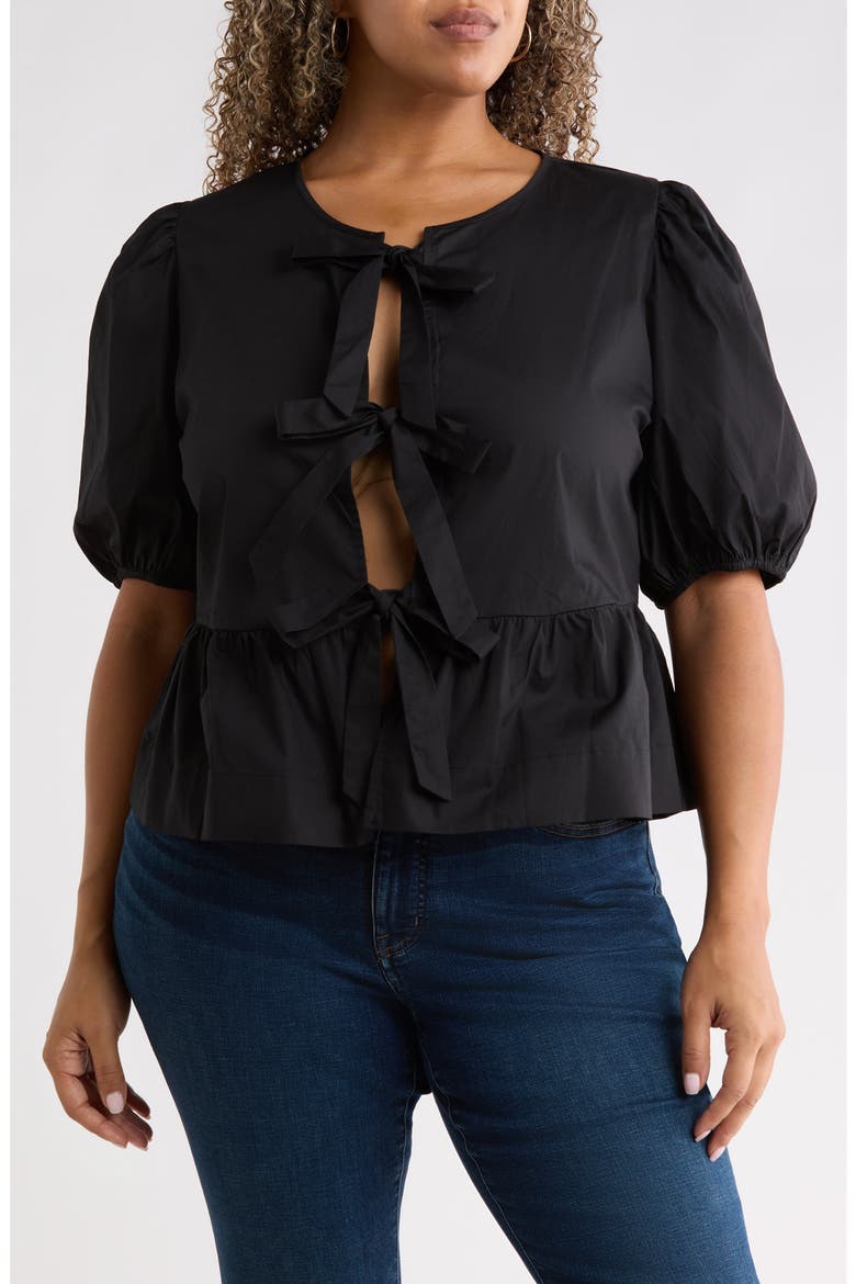 Tie Front Puff Sleeve Peplum Top, Main, color, BLACK