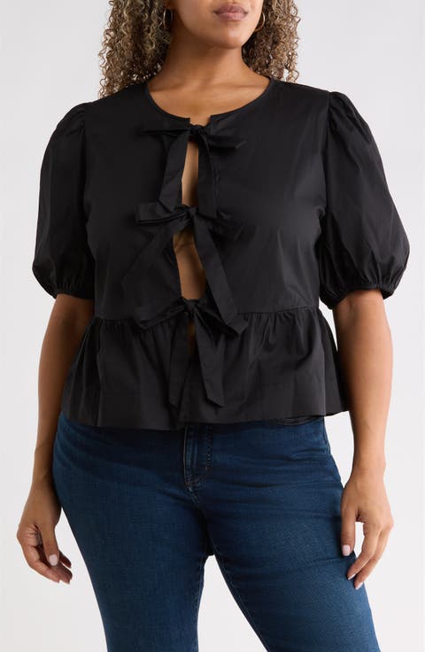 Tie Front Puff Sleeve Peplum Top