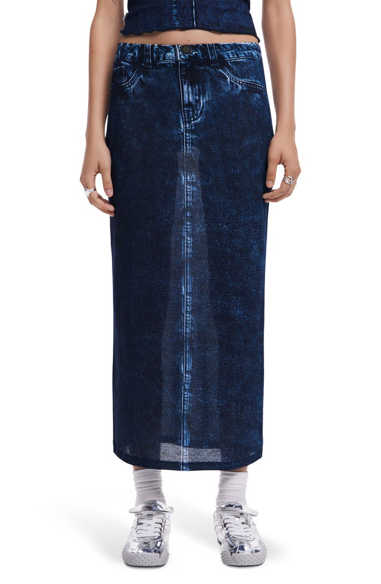 Desigual Trompe L'Oeil Denim Midi Skirt, Main, color, Blue