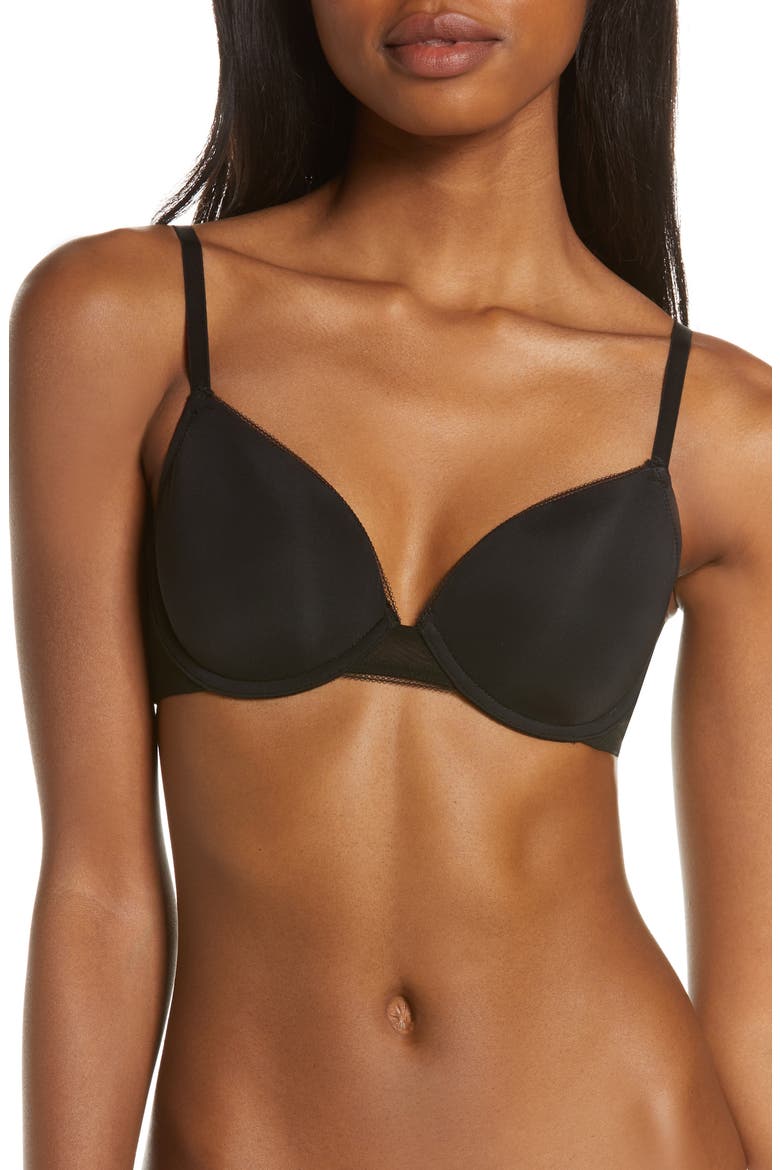 Shea Mesh Trimmed T-Shirt Bra, Main, color, TRUE BLACK
