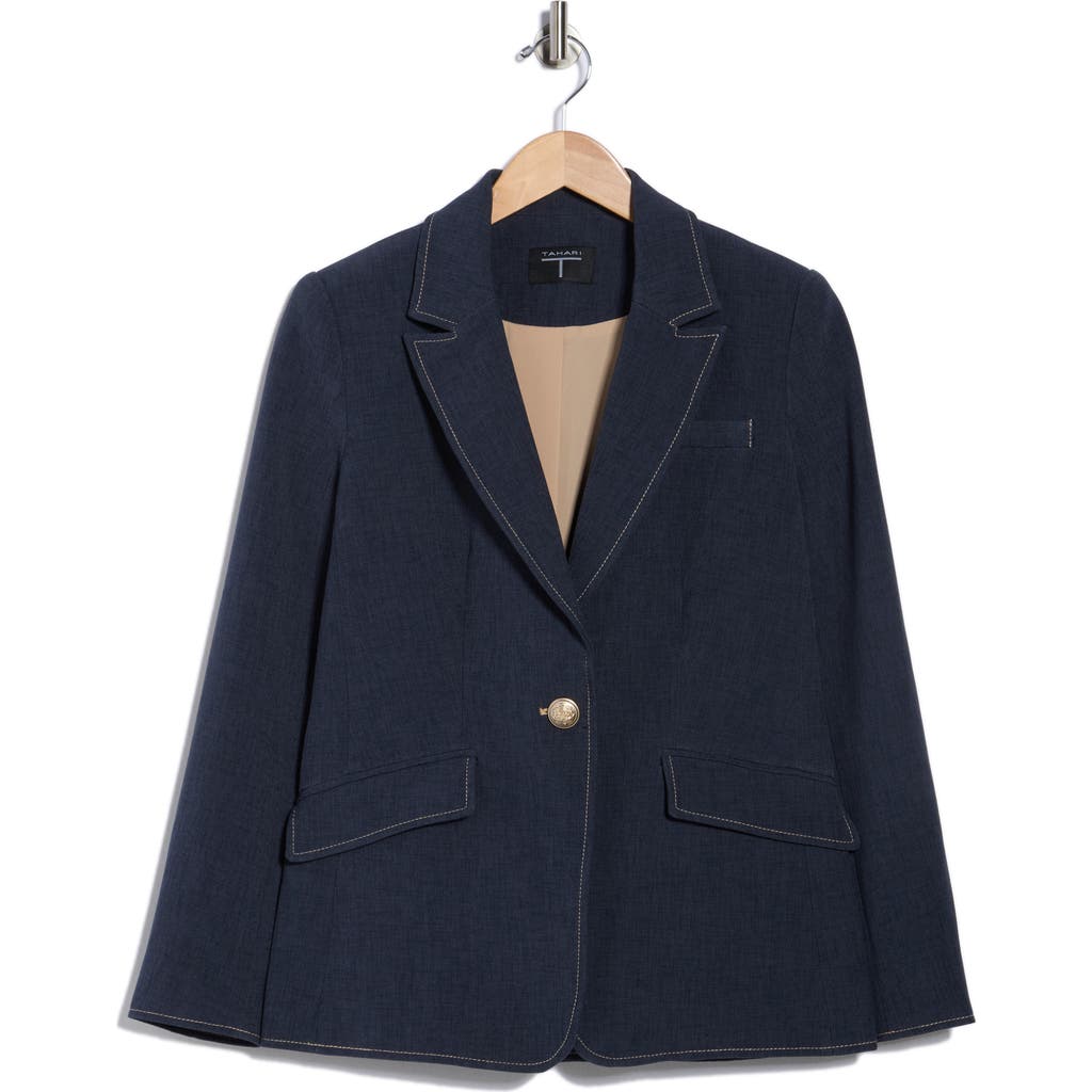 T Tahari Single Button Chambray Blazer In Blue