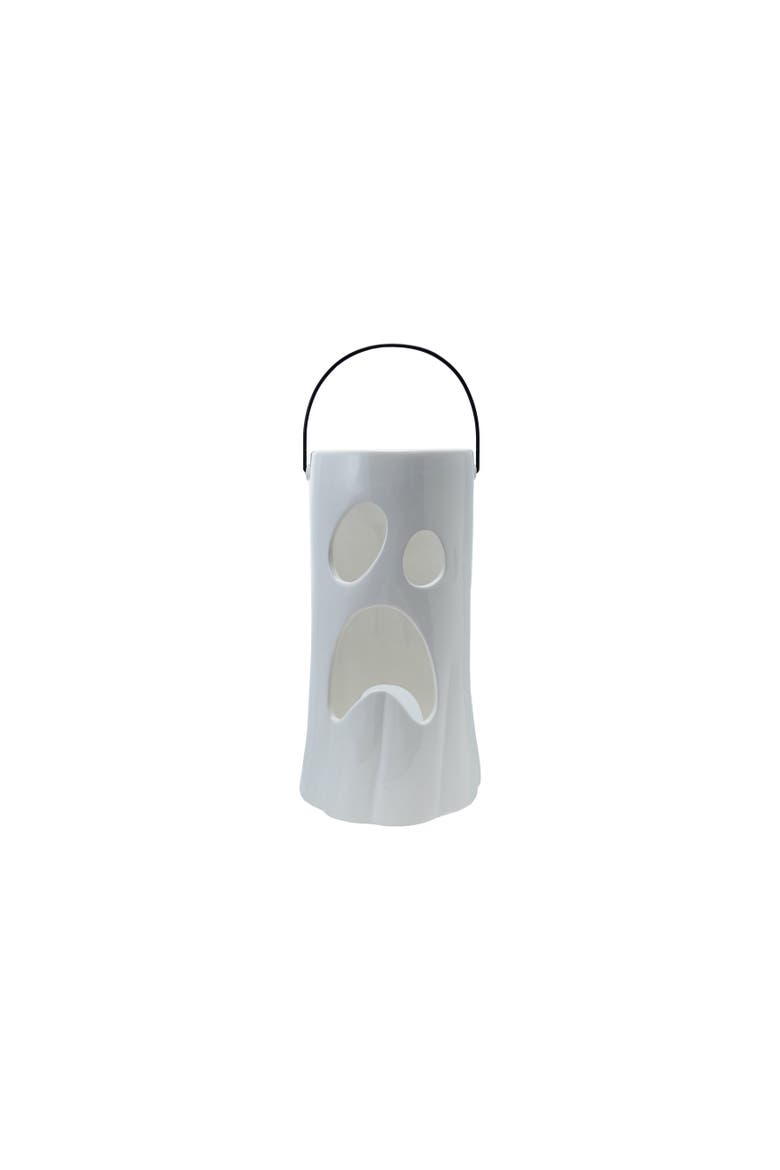 Ceramic Lantern with Cut-Out Ghost Face & Metal Handle, White, Main, color, White