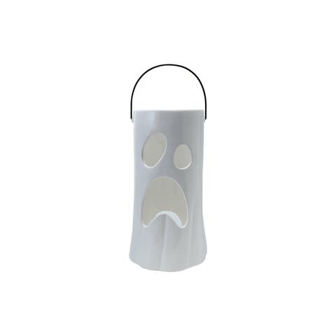 Ceramic Lantern with Cut-Out Ghost Face & Metal Handle, White