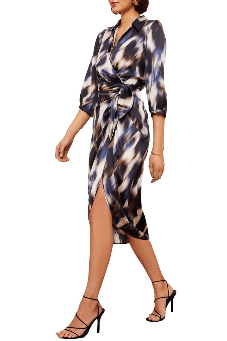 Abstract Print Satin Wrap Midi Dress, Alternate, color, BLUE