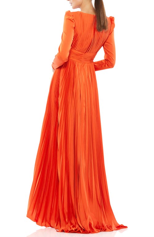 Mac Duggal Faux Wrap Long Sleeve Pleated Satin Gown In Sunset