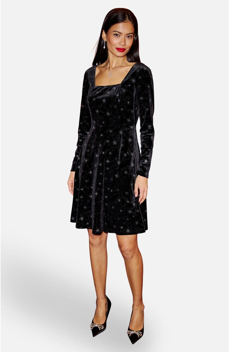 Yumi Starburst Foil Print Skater Dress, Main, color, Black