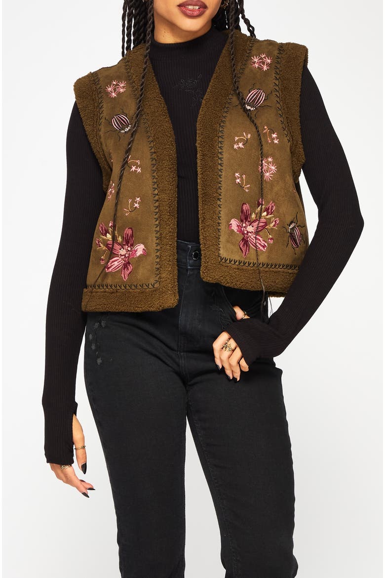 Sylvara Borg Embroidered Bug Gilet, Alternate, color, Brown