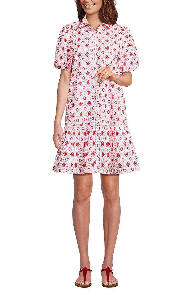 Lands' End Elbow Sleeve Eyelet Knee Length Shirt Dress, Main, color, White/Poppy Mosaic Eyelet