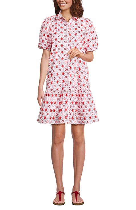 Elbow Sleeve Eyelet Knee Length Shirt Dress