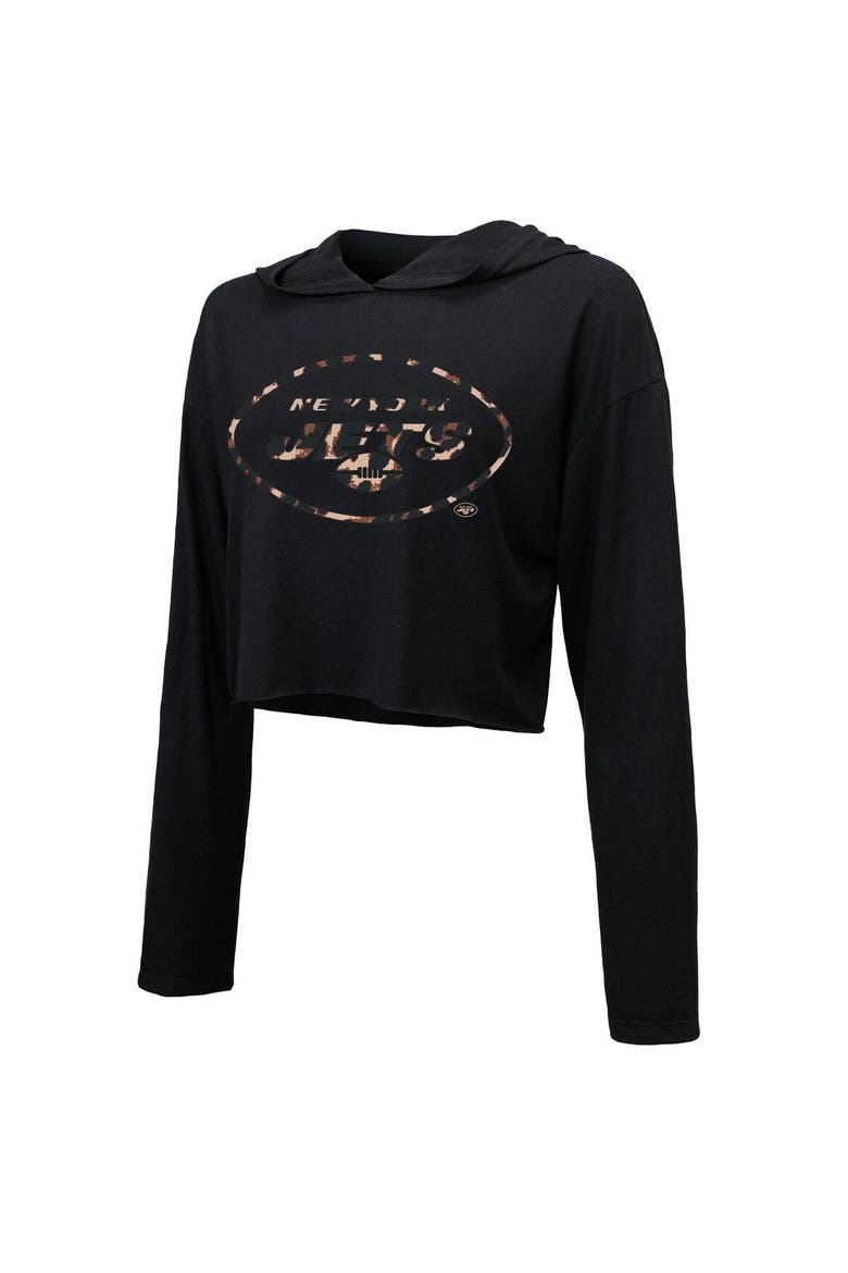 Women's Majestic Threads Aaron Rodgers Black New York Jets Leopard Player Name & Number Long Sleeve Cropped Hoodie, Alternate, color, Black