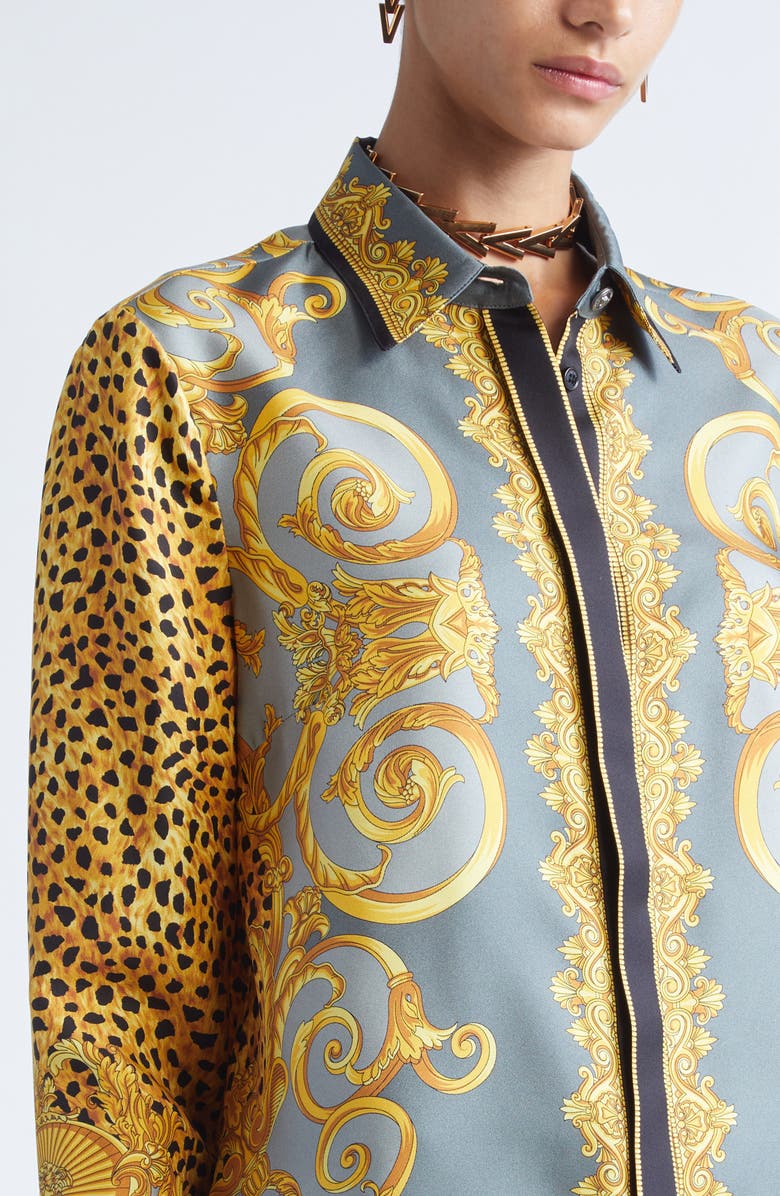 Versace Formal Cheetah Barocco Print Silk Button-Up Shirt, Alternate, color, 