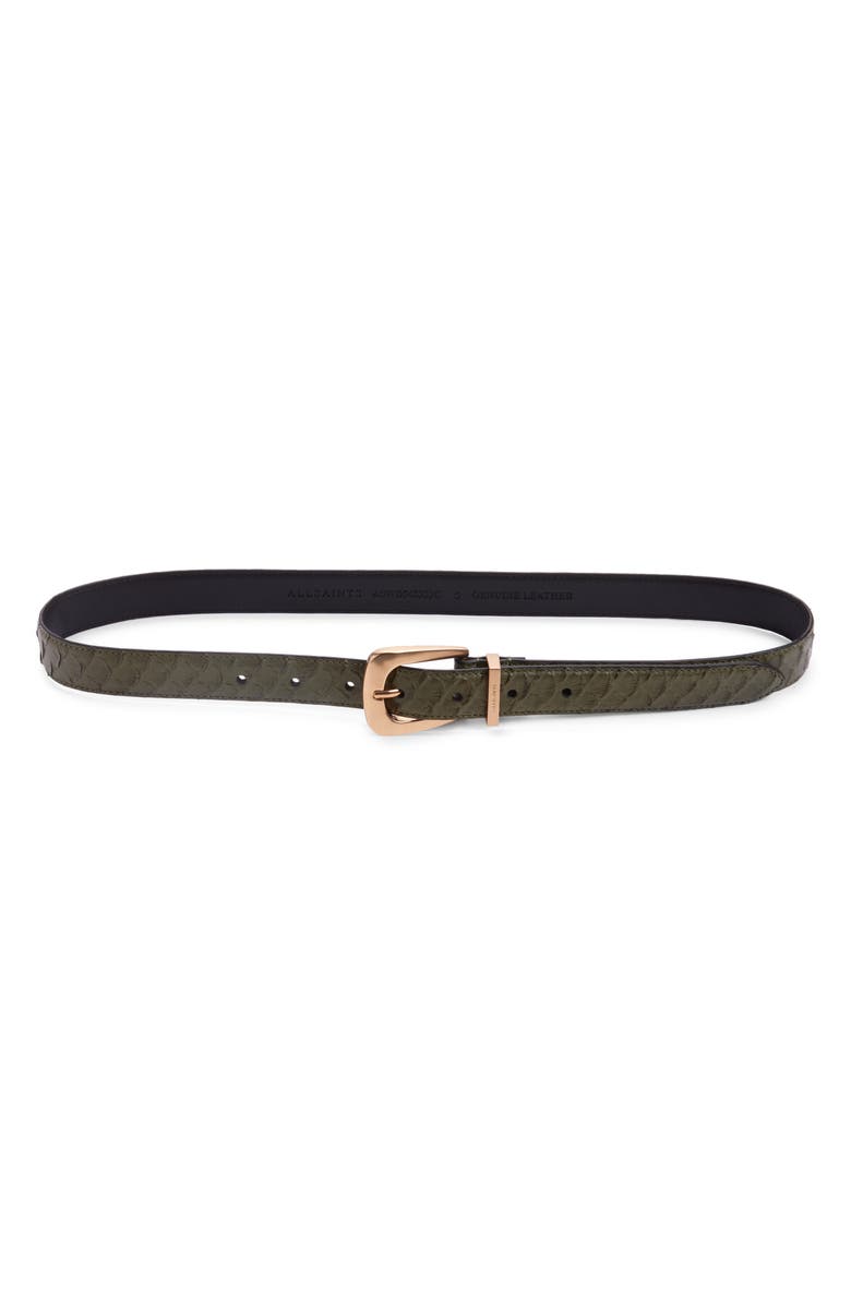 AllSaints Snake Embossed Leather Belt, Main, color, Military Green