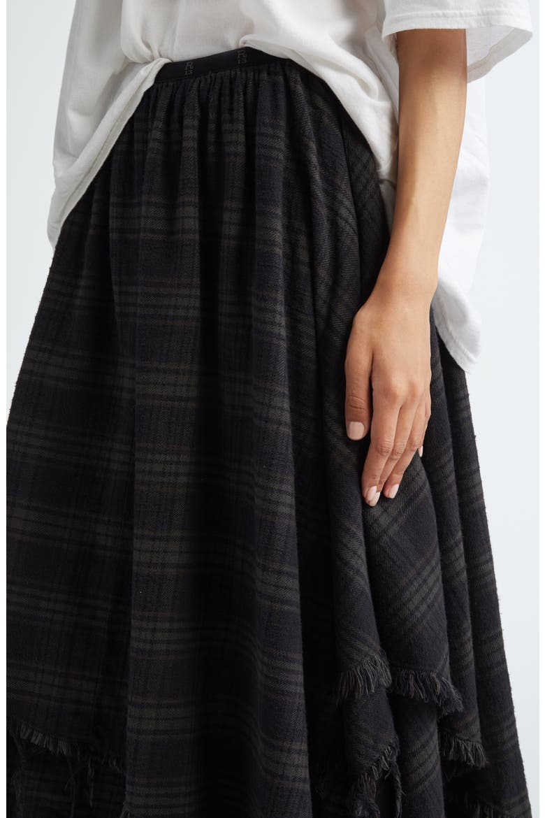 Plaid Frayed Handkerchief Hem Cotton Flannel Midi Skirt, Alternate, color, OVERDYED BLACK PLAID