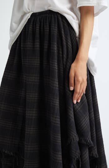 R13 Plaid Frayed Handkerchief Hem Cotton Flannel Midi Skirt