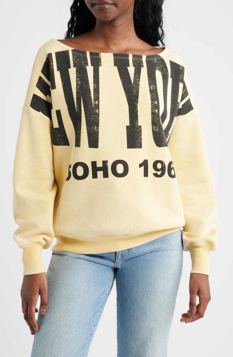 Vinyl Icons New York Off the Shoulder Graphic Sweatshirt, Main, color, Yellow