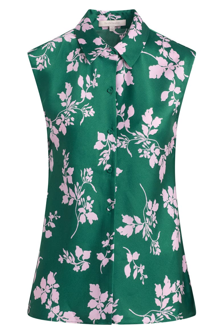 Agatha Sleeveless Crepe Satin Button-Up Shirt, Alternate, color, EMERALD FLORAL