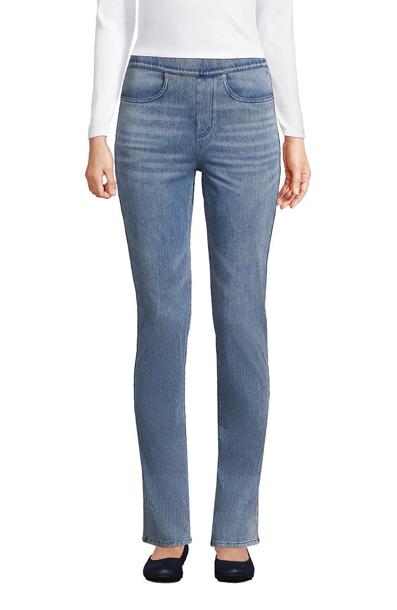 Lands' End Starfish High Rise Knit Denim Straight Jeans, Alternate, color, Light Brook