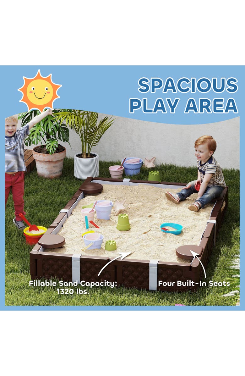 Qaba Kids Sandbox with Cover, Built-in Seating & Bottom Liner, Alternate, color, Brown