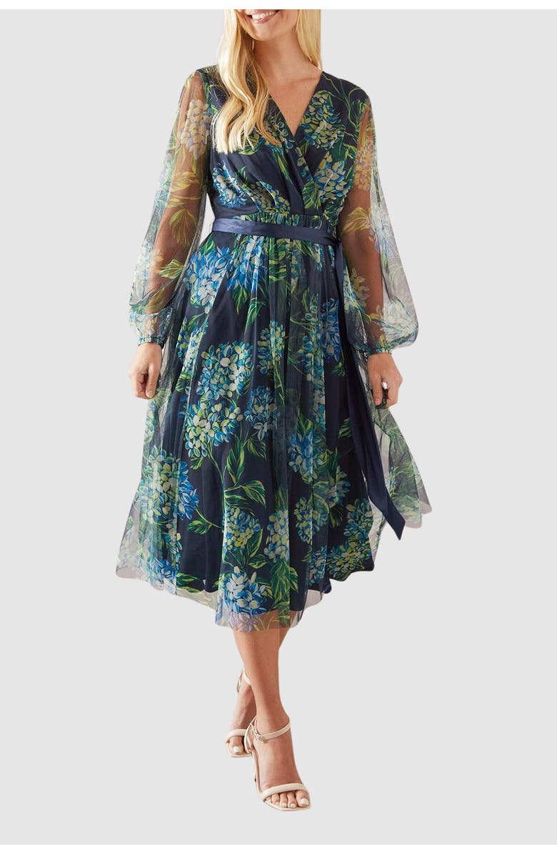 Wallis Petite Floral Mesh Satin Tie Midi Dress, Alternate, color, Navy
