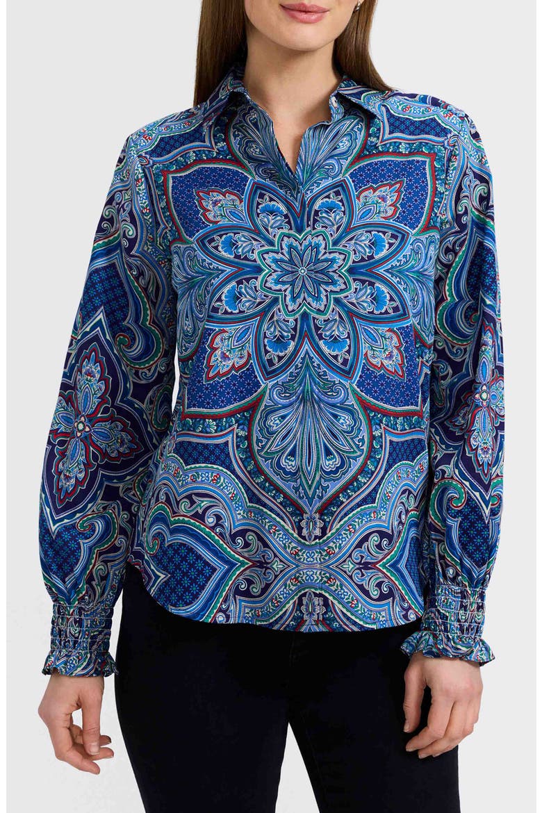 Olivia Printed Smocked Cuff Cotton Button-Up Shirt, Main, color, BLUE/ MULTI