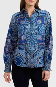 Foxcroft Olivia Printed Smocked Cuff Cotton Button-Up Shirt