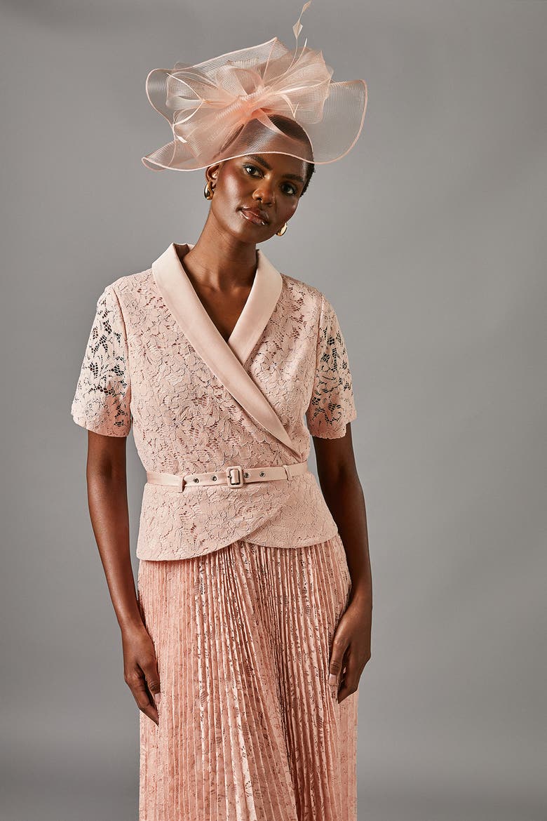 Lace 2-In-1 Jacket Pleated Midi Dress, Alternate, color, Blush