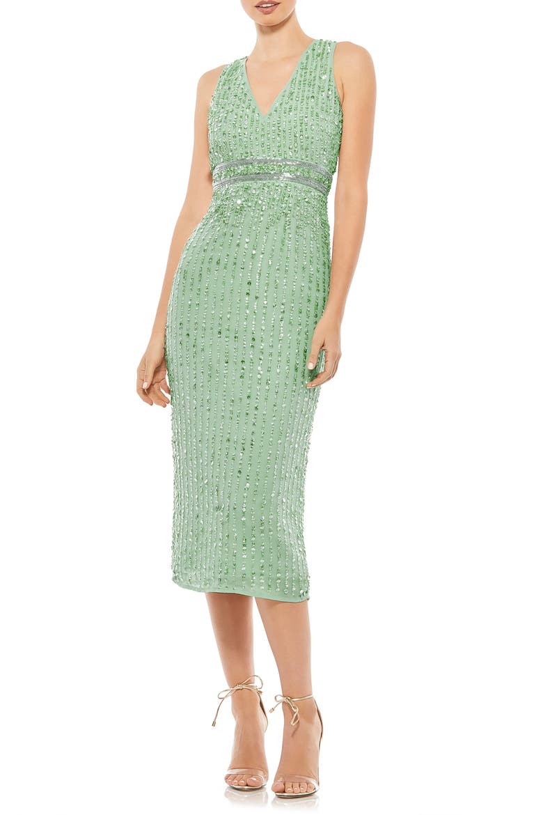 Sequined Sleeveless V-Neck Midi Sheath Dress, Main, color, SAGE