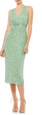 Mac Duggal Sequined Sleeveless V-Neck Midi Sheath Dress
