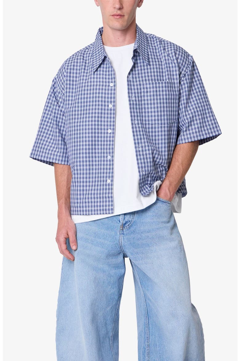 Crispy Oversize Check Short Sleeve Cotton Poplin Button-Up Overshirt, Alternate, color, BLUE