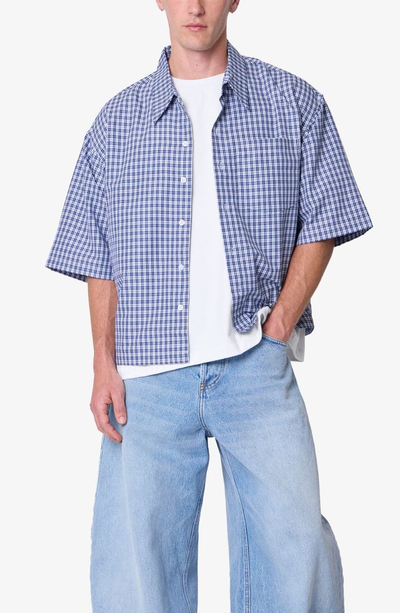 mnml Crispy Oversize Check Short Sleeve Cotton Poplin Button-Up Overshirt, Alternate, color, Blue