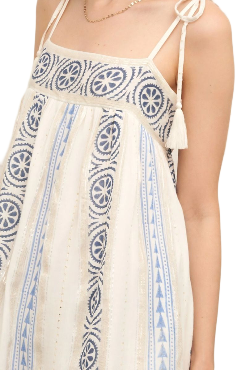 Knit and Lounge Embroidered Tassel Tie Strap Boho Mini Dress, Alternate, color, 