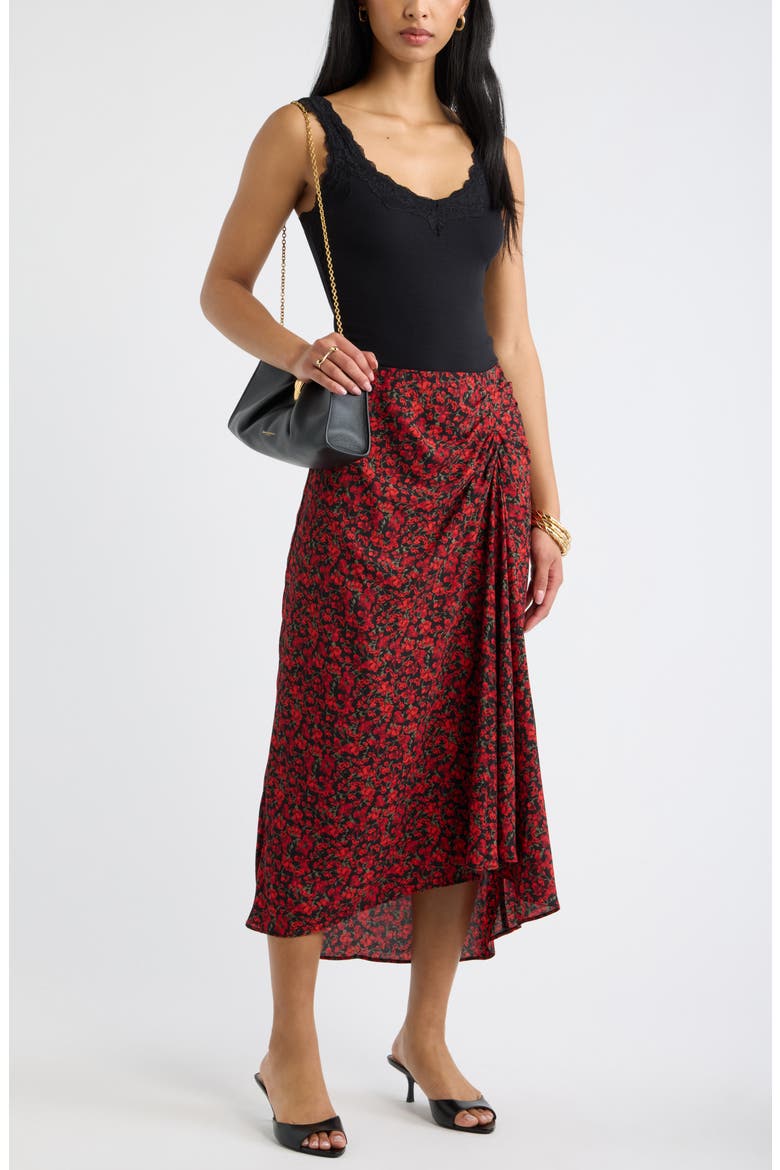 Ruched Side Midi Skirt, Alternate, color, BLACK RED DARA DITSY
