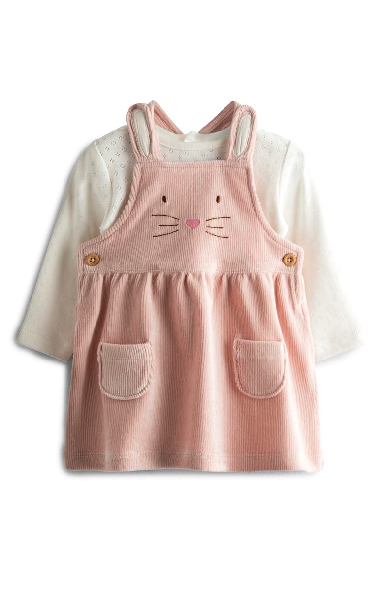 JOJO MAMAN BEBE Long Sleeve Pointelle Knit Bodysuit & Bunny Corduroy Pinafore Dress Set, Main, color, Pale Pink